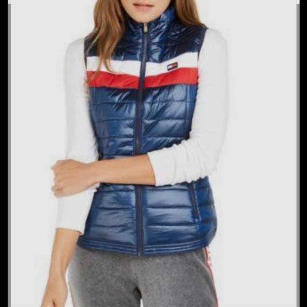 Tommy Hilfiger Sport Color Block Puffer Womens Size Large Red White And Blue